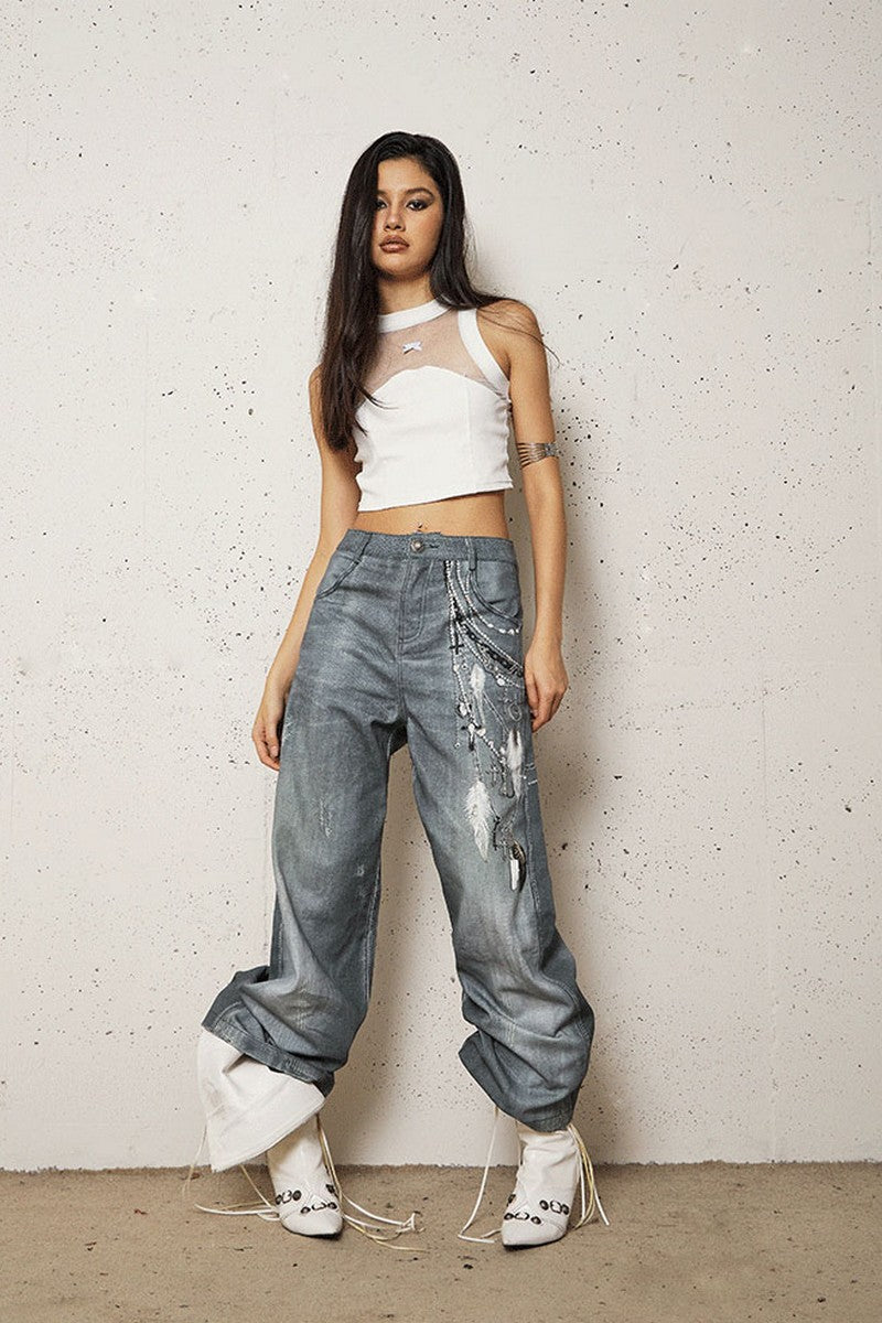 3D Pearl Chain Flared Jeans