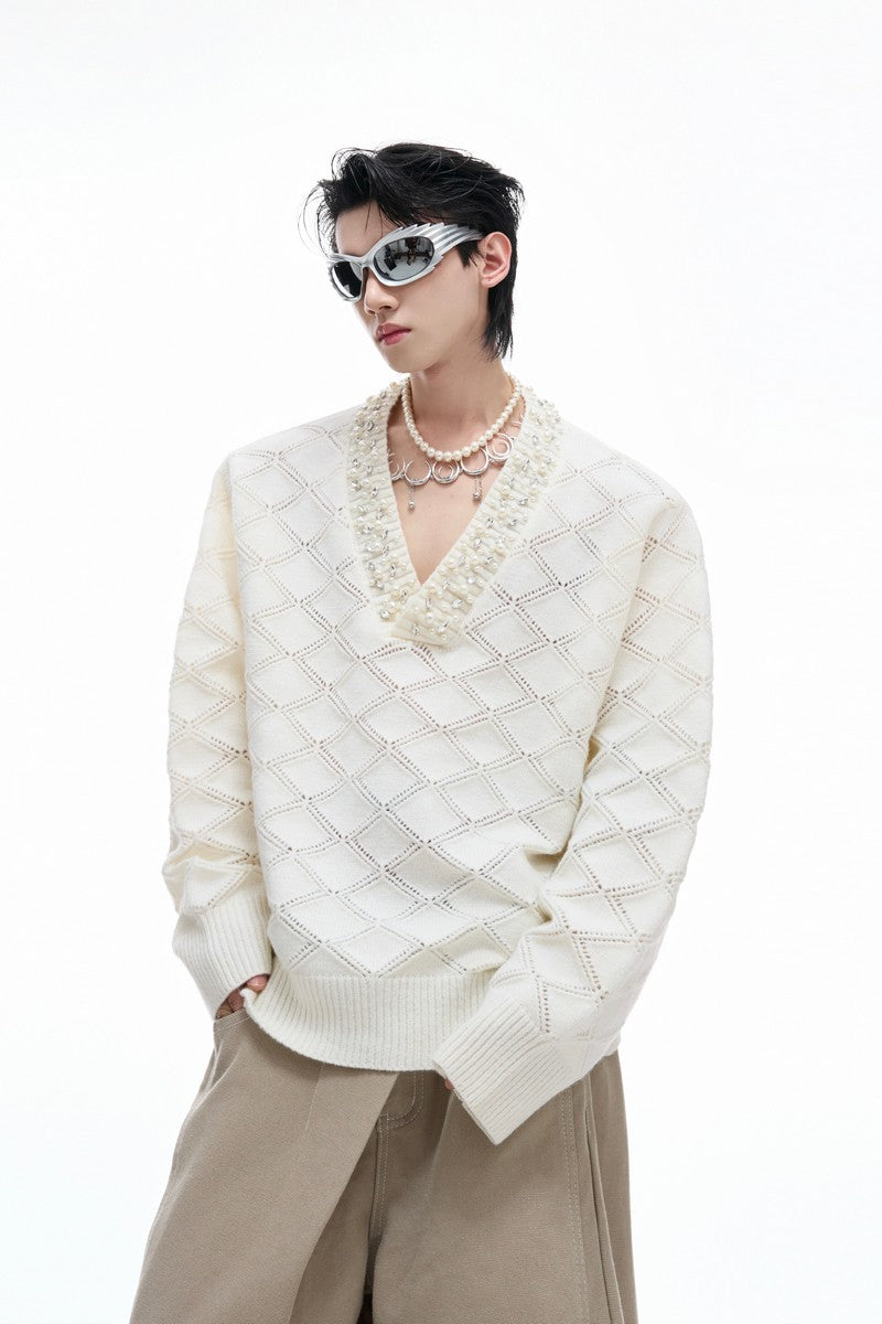 Rhinestone Diamond Knit V-Neck Sweater