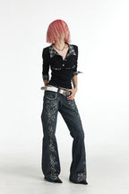 Vintage Gem Print Flared Jeans