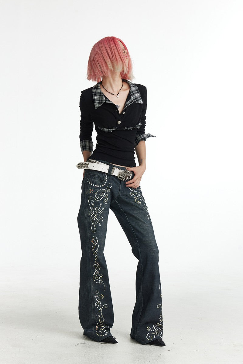 Vintage Gem Print Flared Jeans