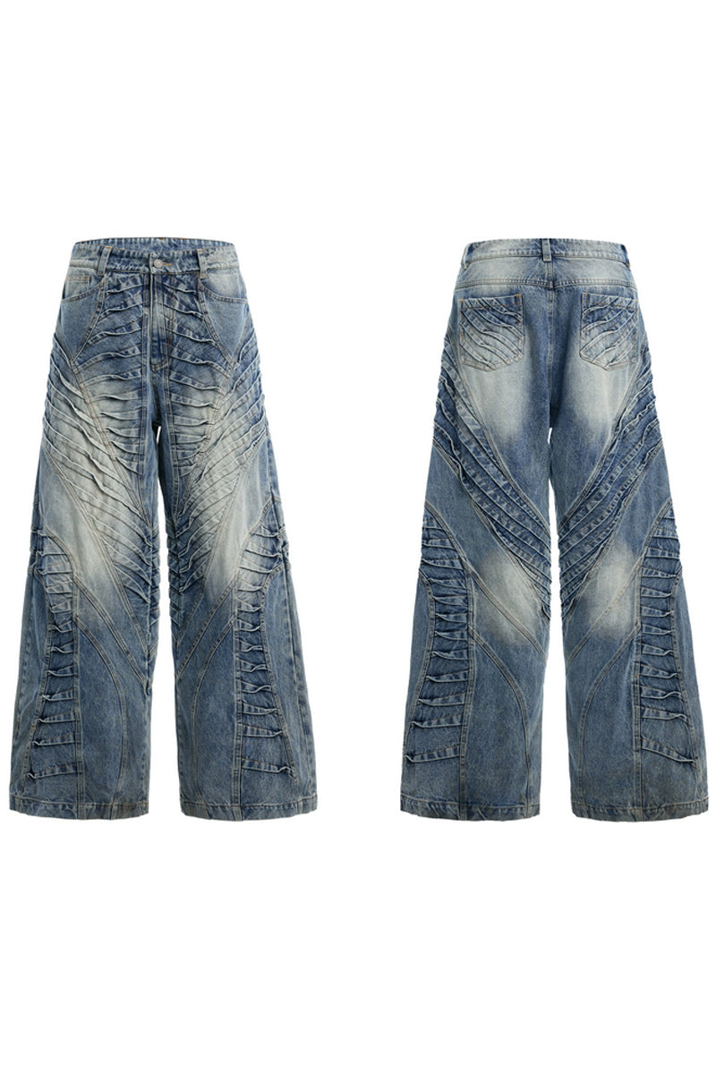 Ruched Wide-Leg Washed Denim Jeans