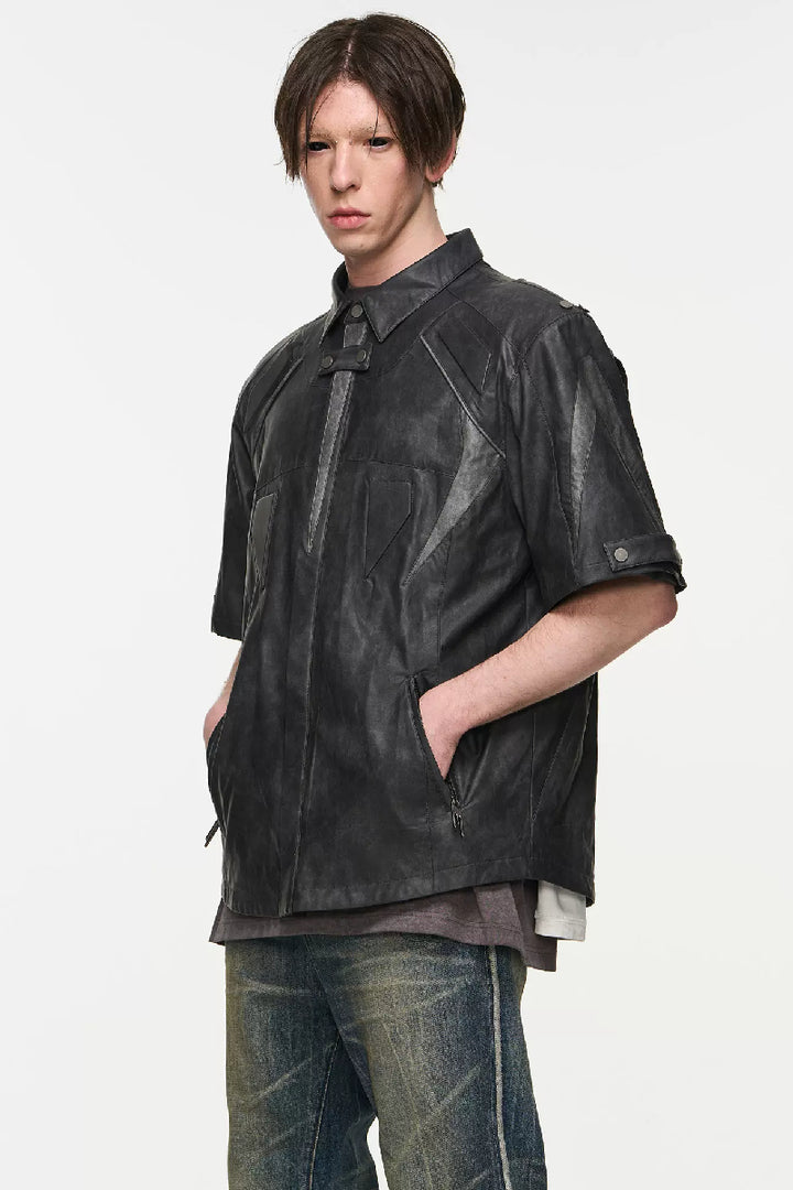 Embossed Patchwork Biker Leather Shirt