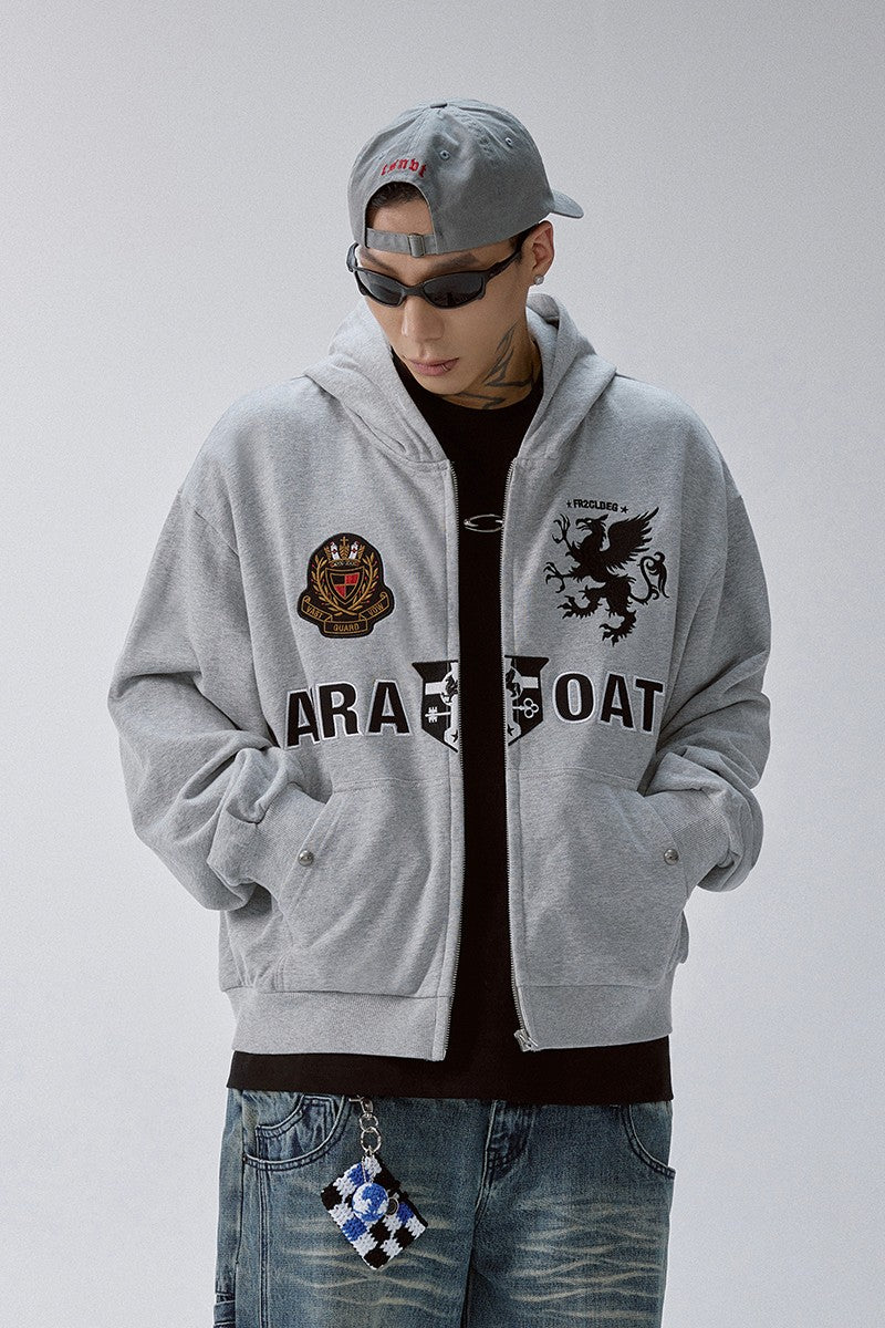 Embroidered Grey Zip Hoodie