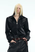 Studded Spine Embroidered PU Leather Jacket
