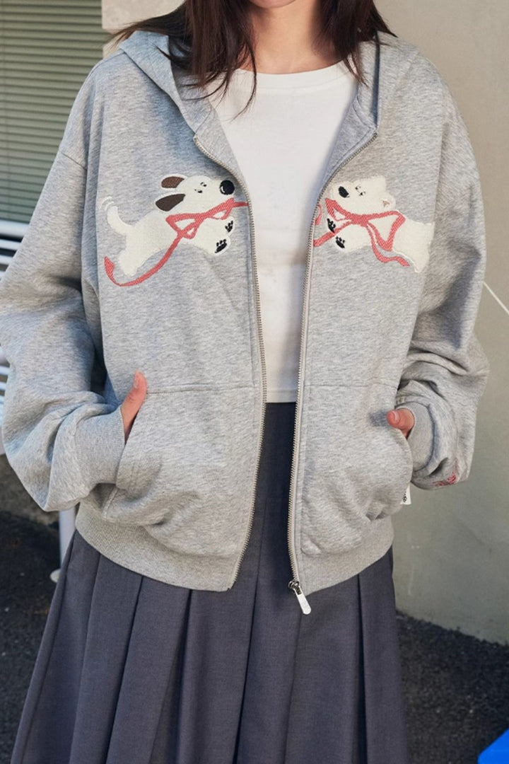 Plush Dog Embroidery Hoodie