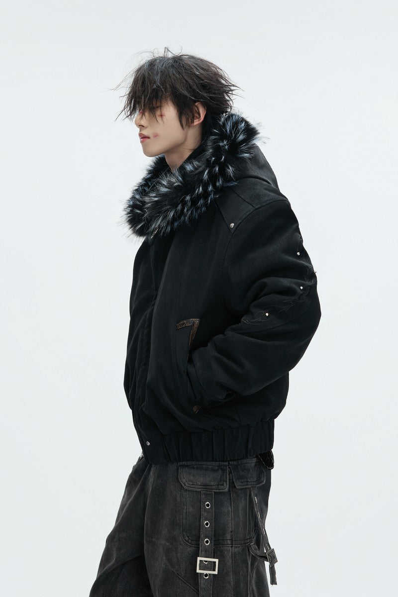 Embroidered Washed Leather Puffer