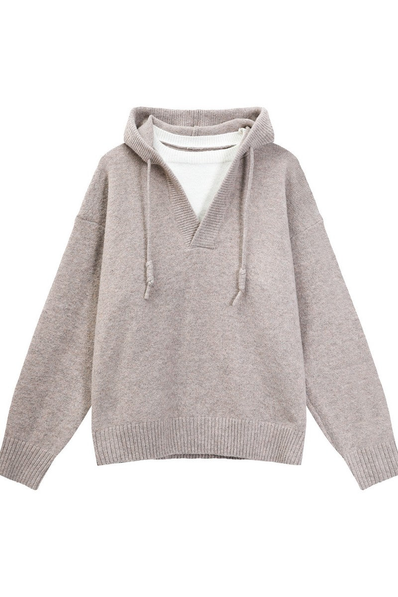 Heavyweight Layered Look Hooded Knit Sweater