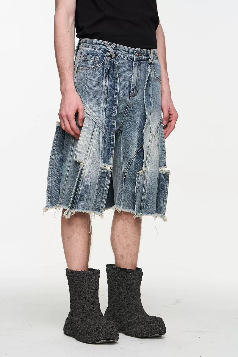 Distressed Crosshatch Washed Denim Shorts