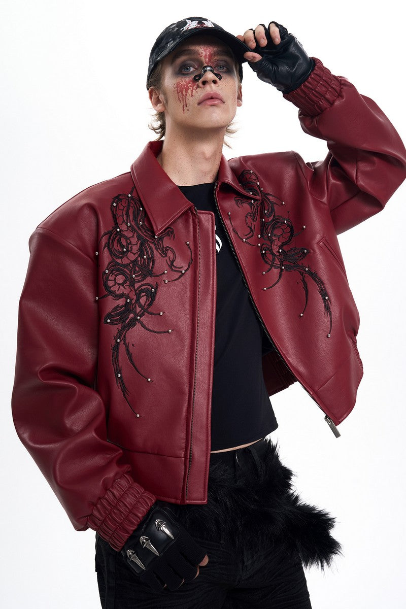 Embroidered Beaded Cropped Leather Jacket
