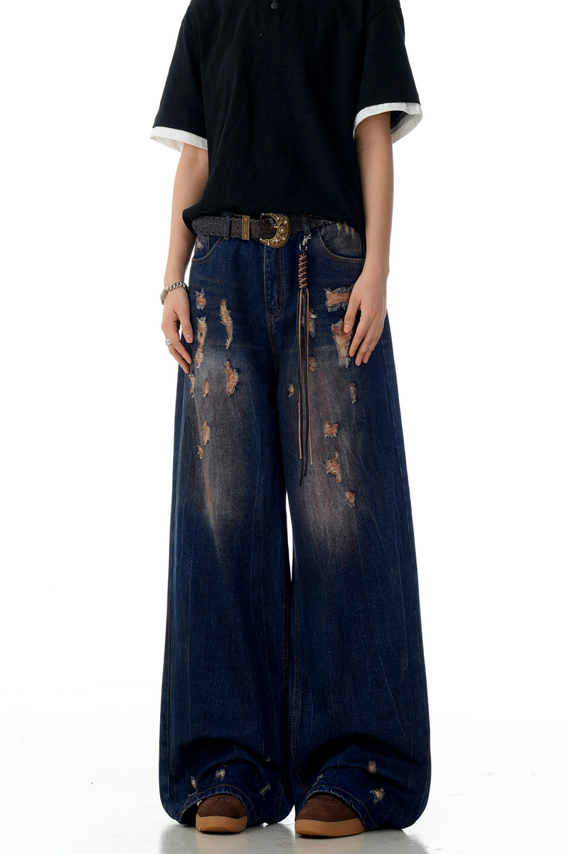 Blue Distressed Wide Jeans