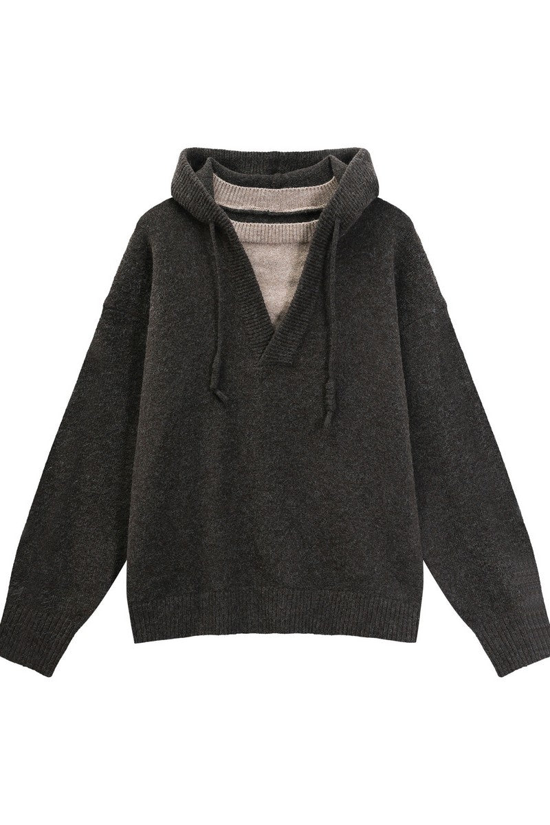 Heavyweight Layered Look Hooded Knit Sweater