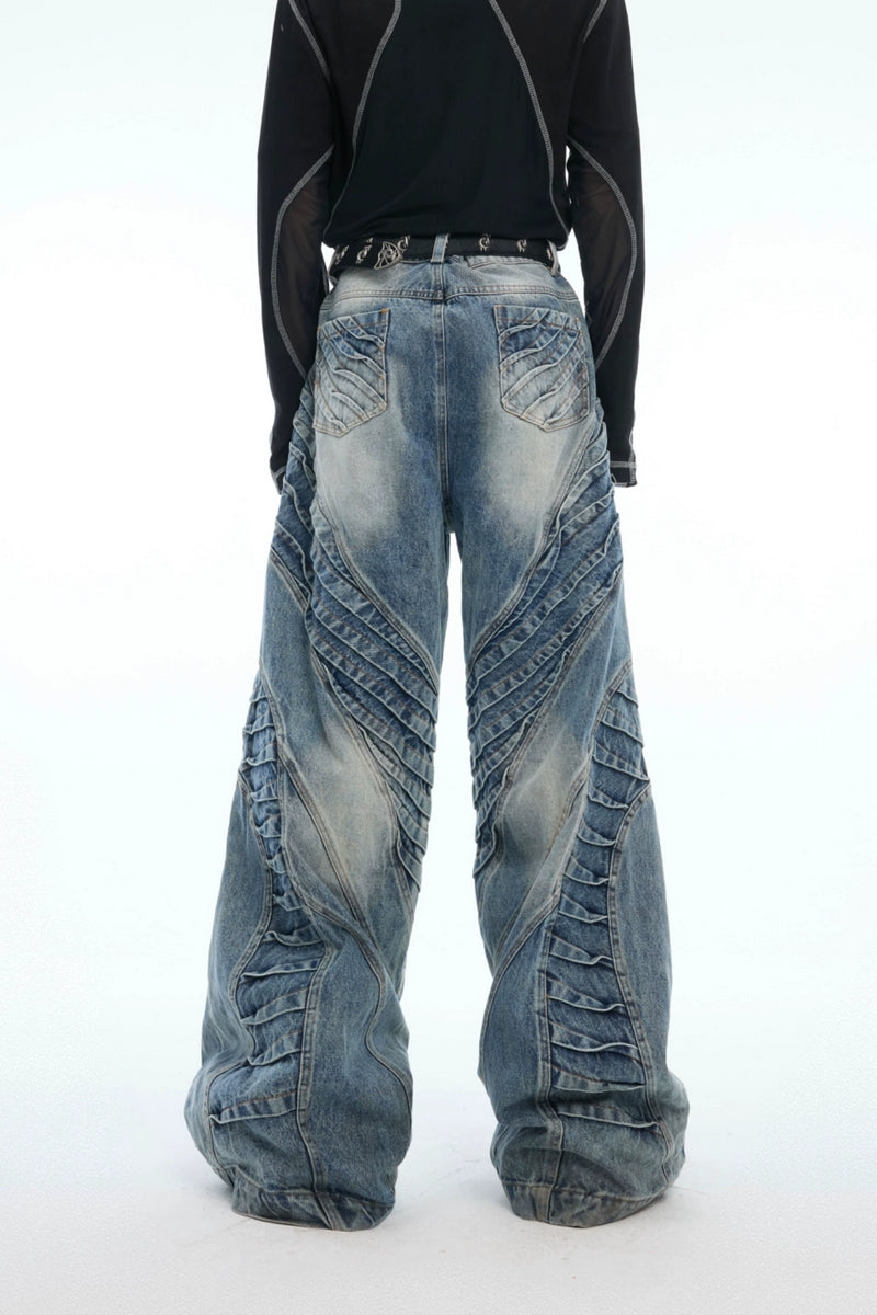 Ruched Wide-Leg Washed Denim Jeans