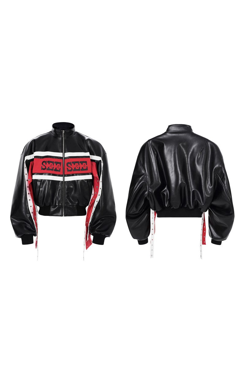 Contrast Strap Bomber Leather Jacket
