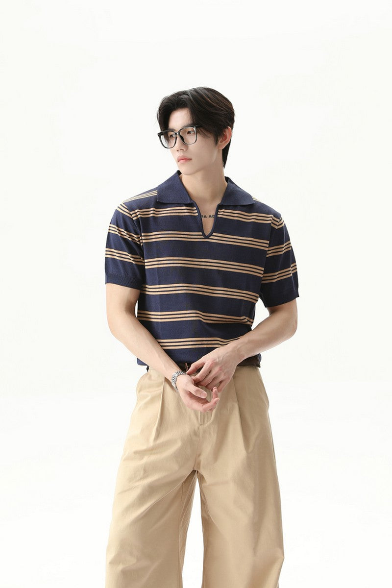 Striped V-Neck Polo Tee