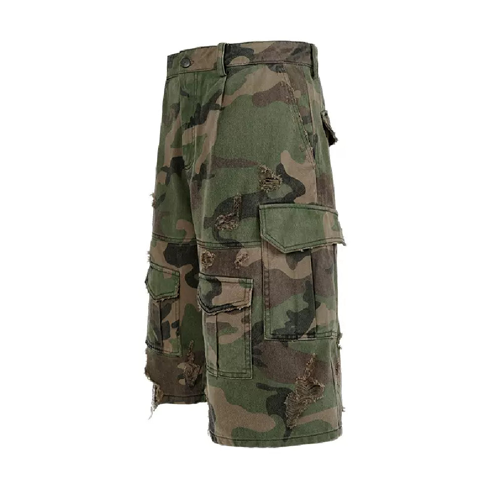 Distressed Camo Cargo Shorts