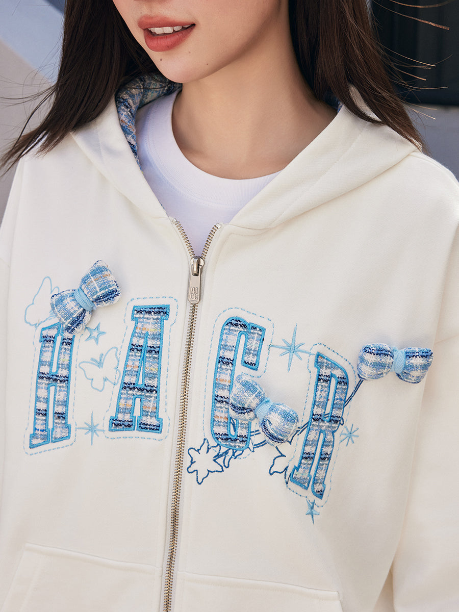 Embroidered Plaid Zip Hoodie