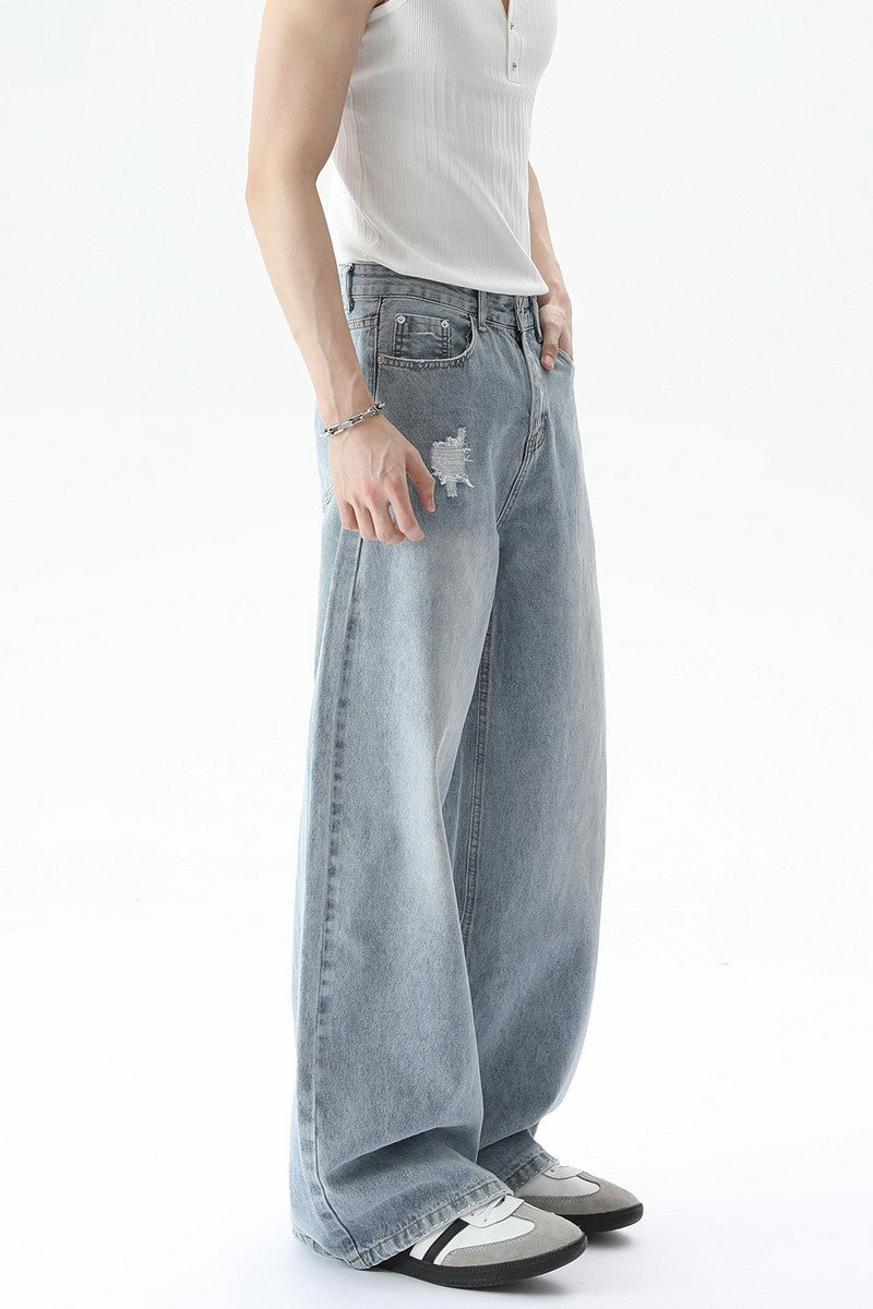 Washed Distressed Straight Leg Jeans