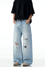 Blue Ripped Straight Jeans