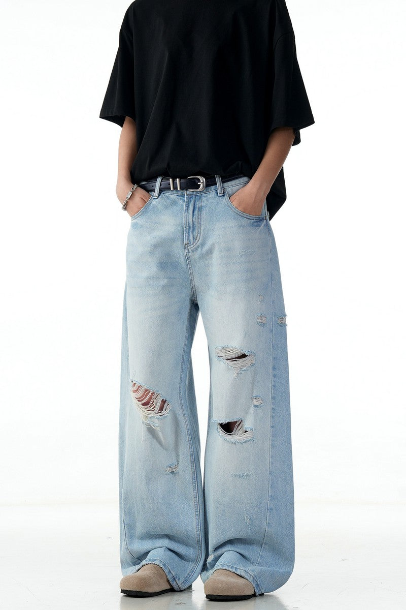 Blue Ripped Straight Jeans