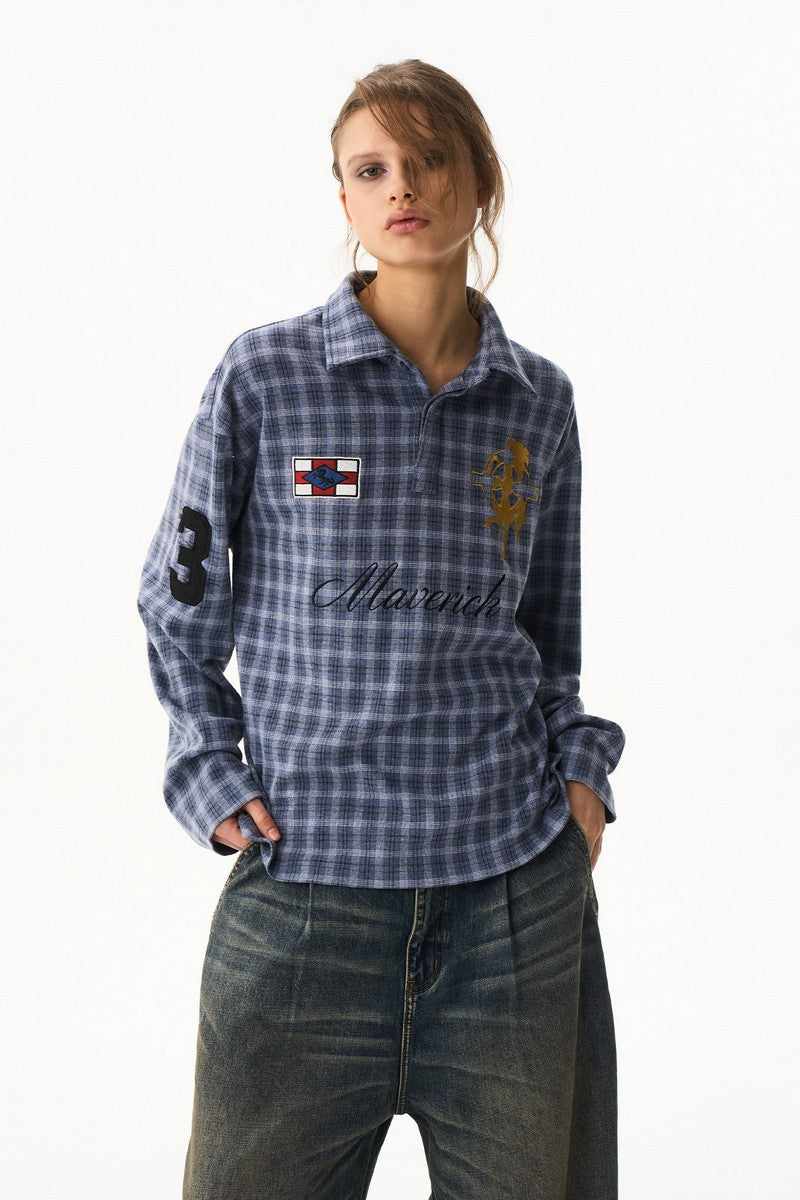 Plaid Badge Long Sleeve Polo