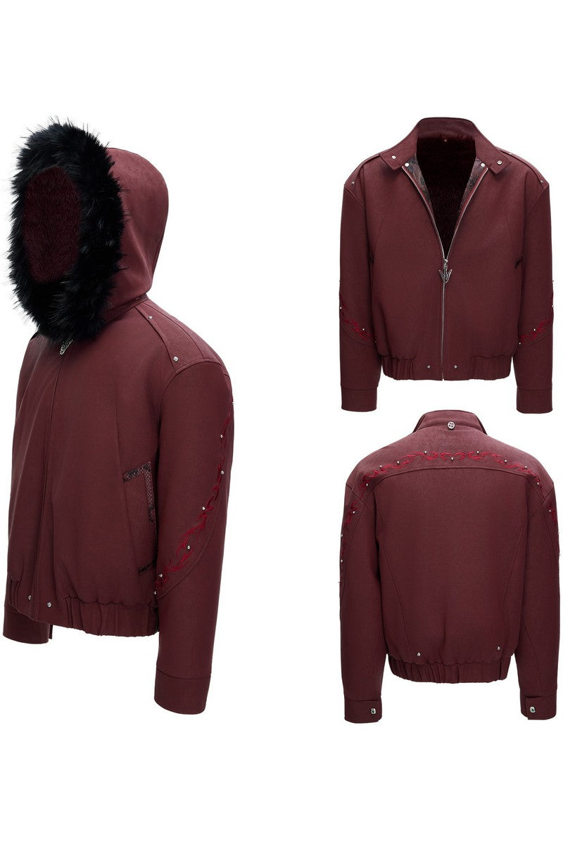 Embroidered Washed Leather Puffer