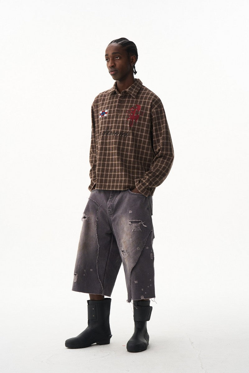 Plaid Badge Long Sleeve Polo