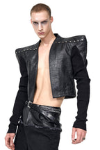 Knitted Panel Collarless Leather Jacket