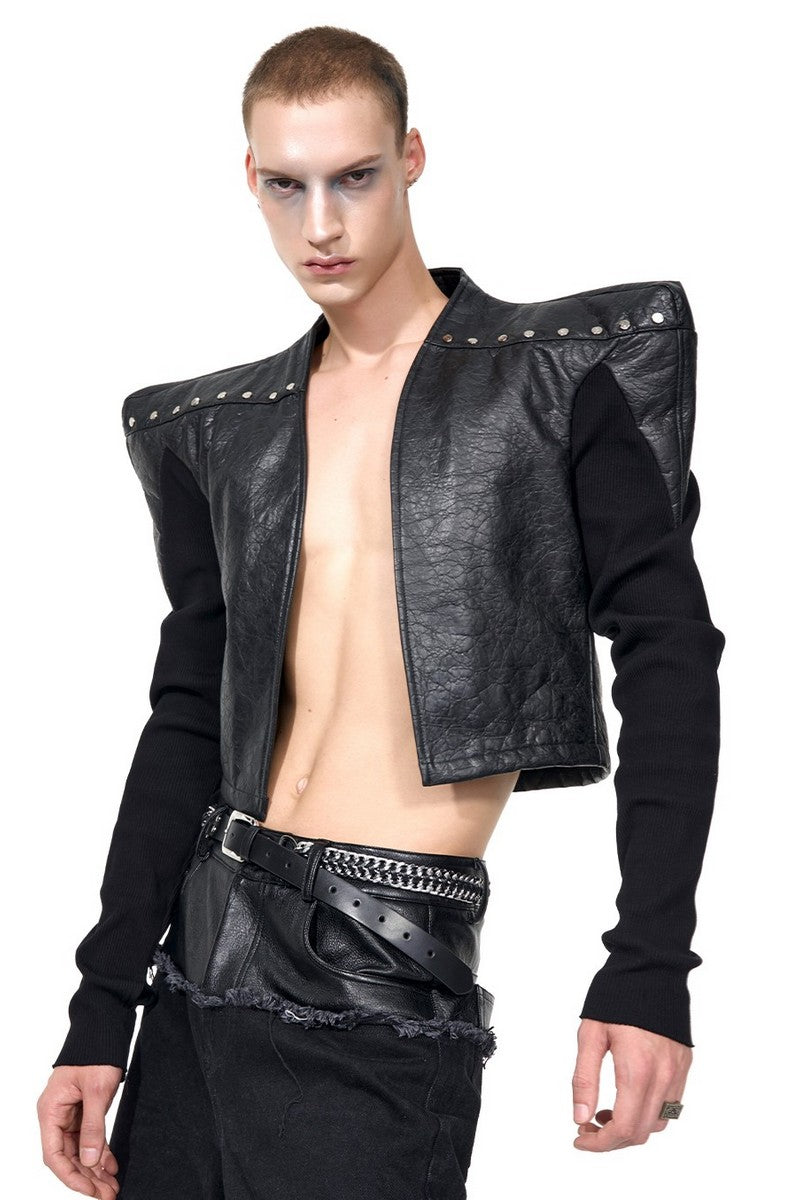 Knitted Panel Collarless Leather Jacket