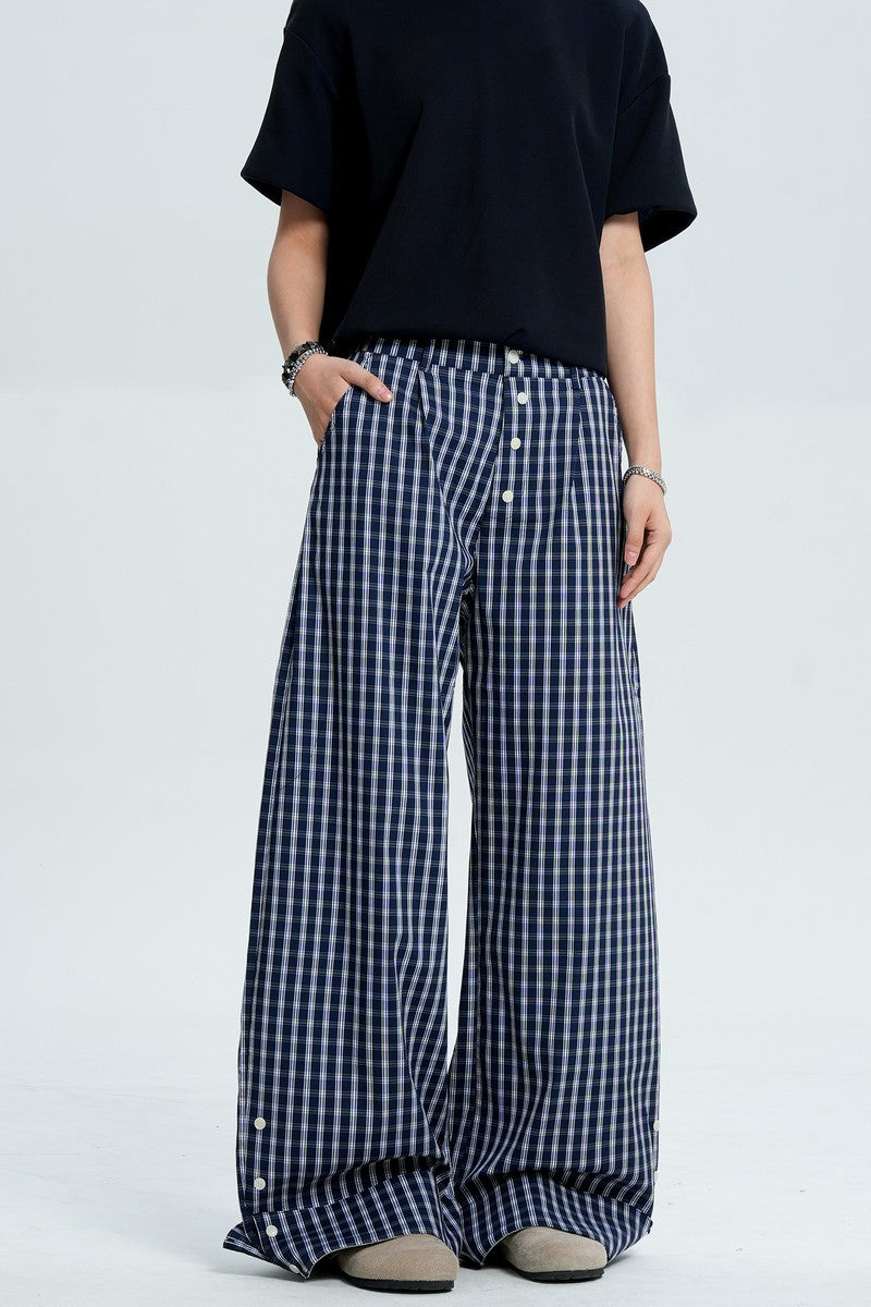 Plaid Button Wide Leg Pants