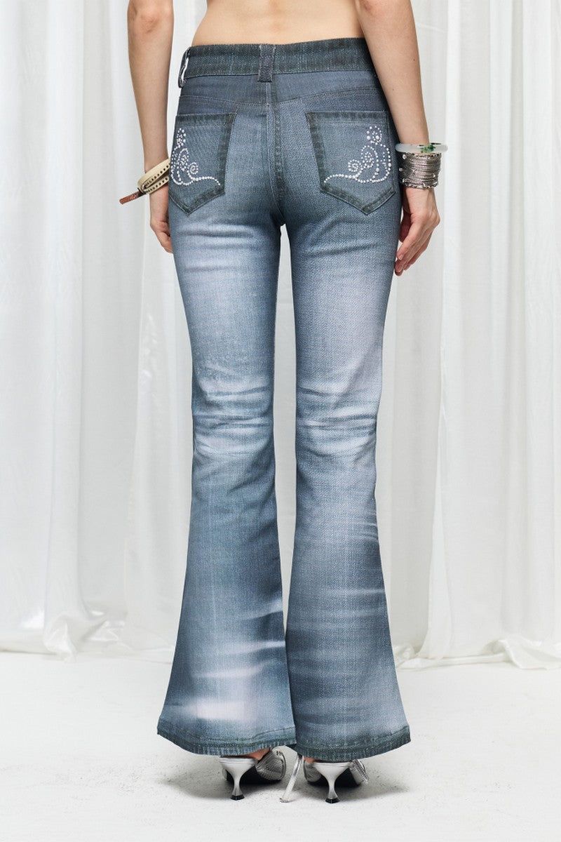 Pearl Ocean Print Flared Jeans