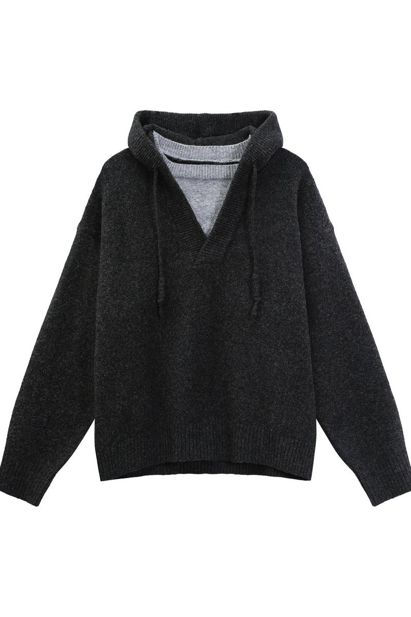 Heavyweight Layered Look Hooded Knit Sweater