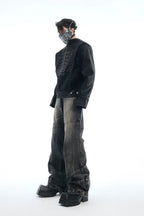Distressed Textured Flared Denim Jeans