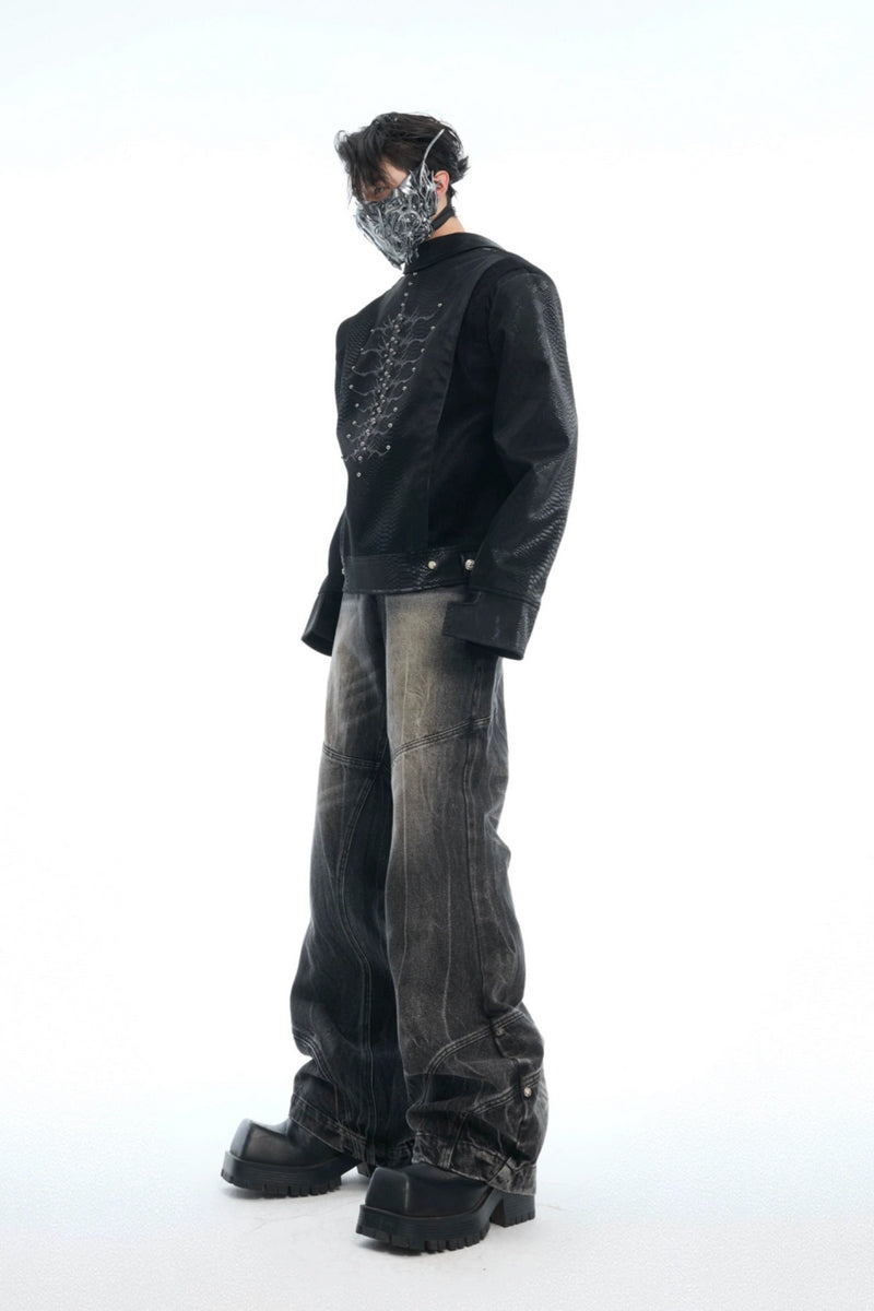 Distressed Textured Flared Denim Jeans