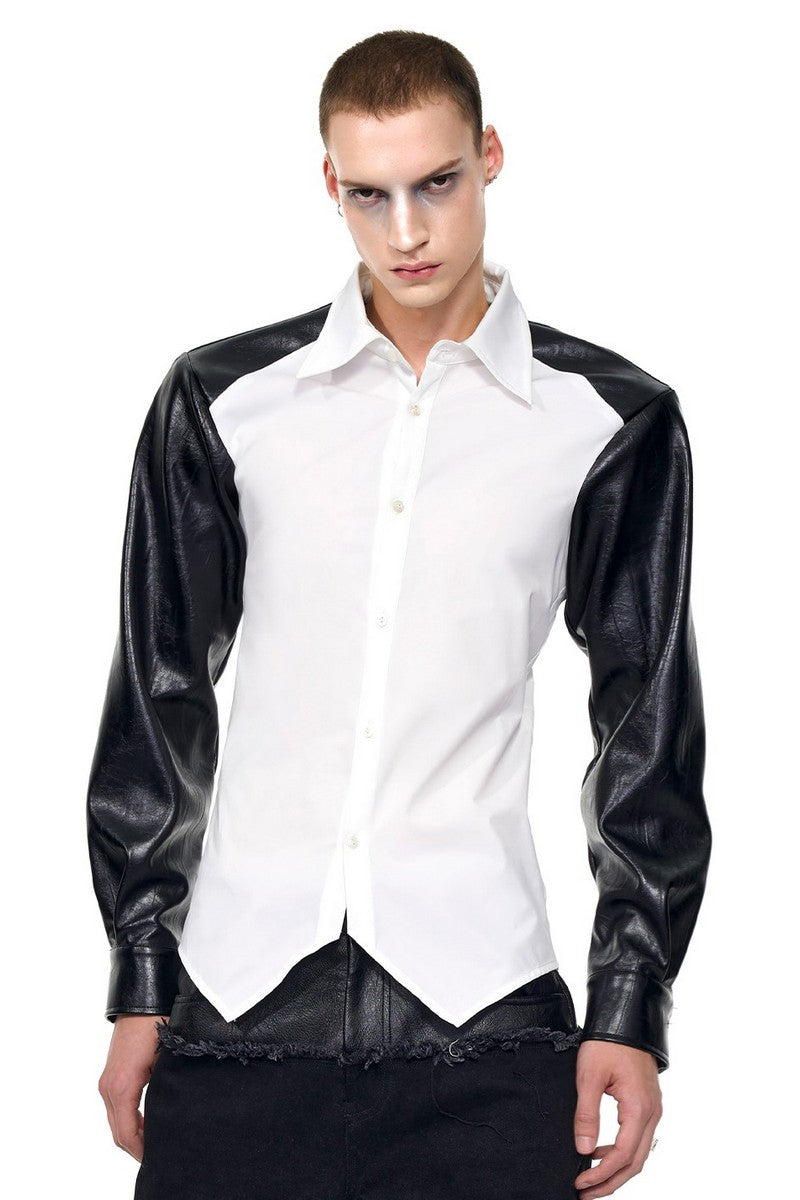 Leather Patch Irregular Hem Shirt