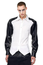 Leather Patch Irregular Hem Shirt