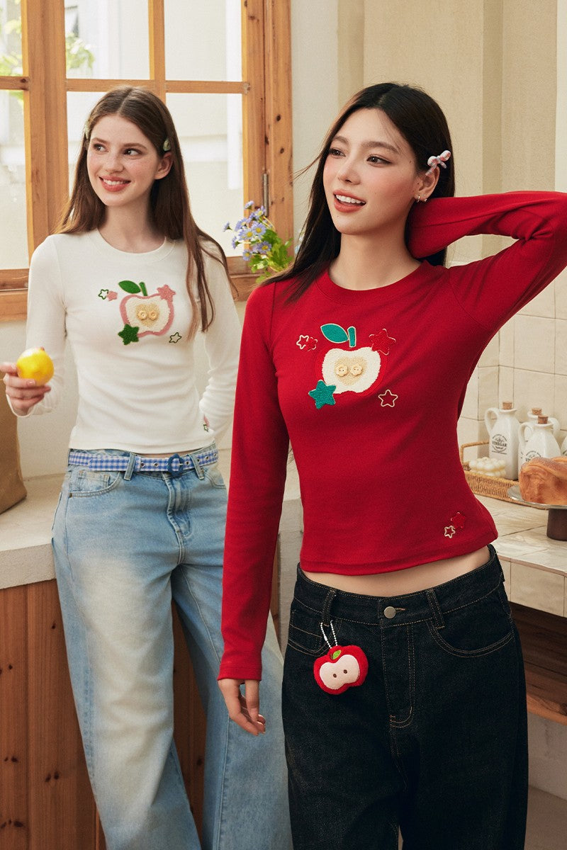 Cartoon Apple Embroidery Tee