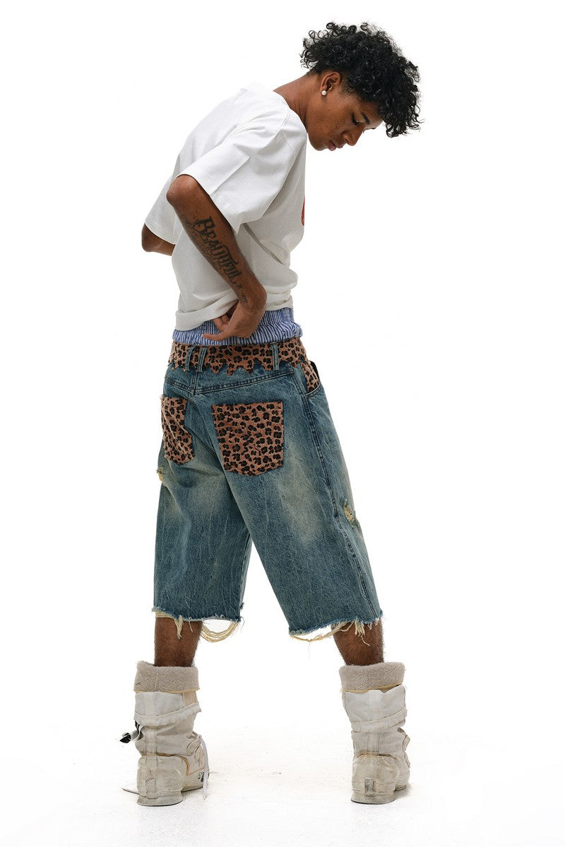 Leopard Patchwork Denim Shorts