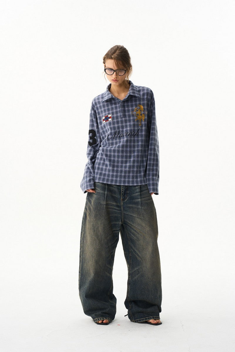 Plaid Badge Long Sleeve Polo