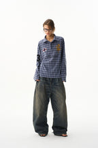Plaid Badge Long Sleeve Polo