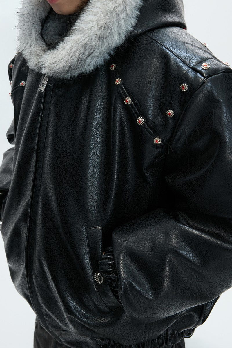 Hooded Leather Puffer Jacket