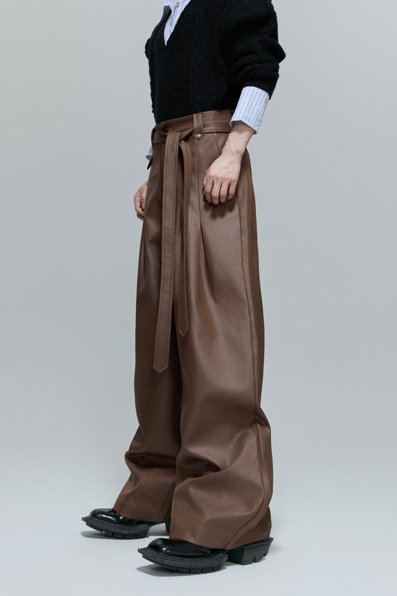 Glossy Pleated Straight Leg Trousers