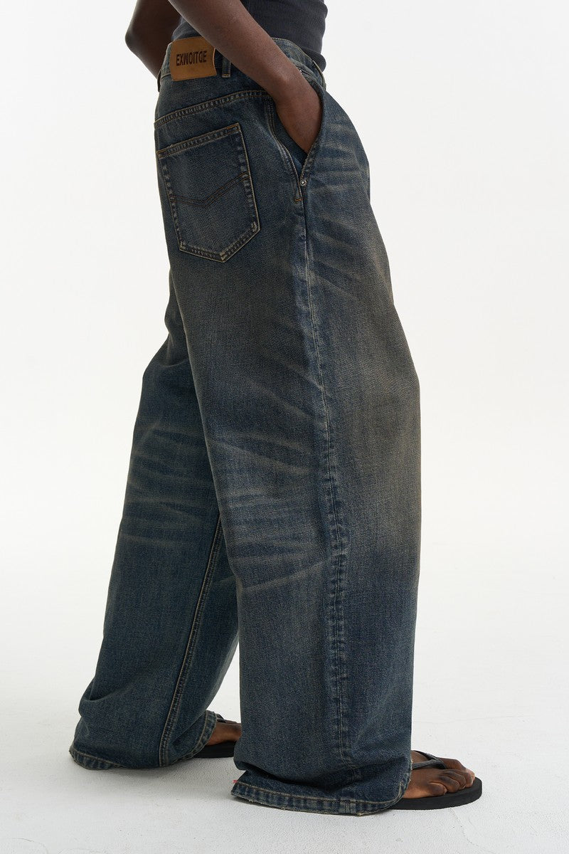 Washed Pleated Baggy Jeans
