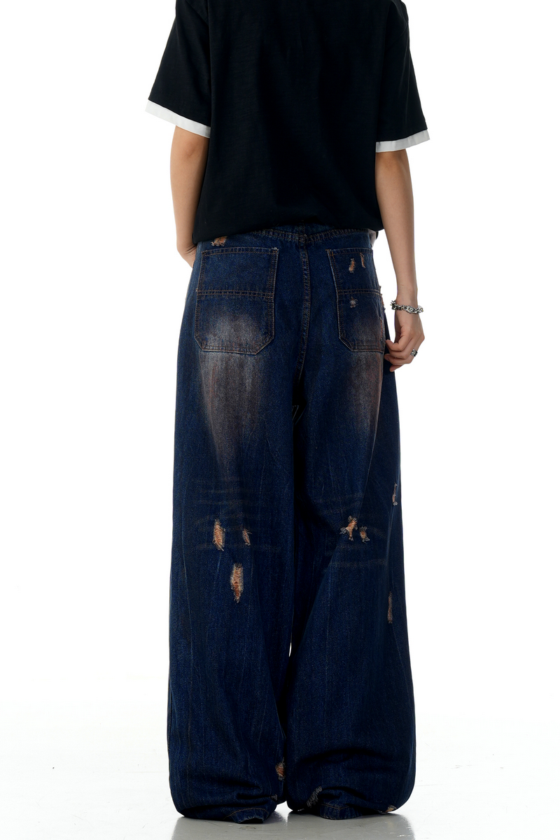 Blue Distressed Wide Jeans