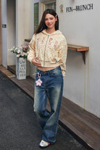 Floral Embroidery Zip Up Hoodie
