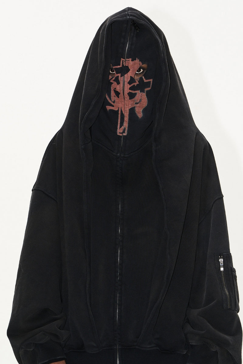 Cross Motif Mask Washed Hoodie