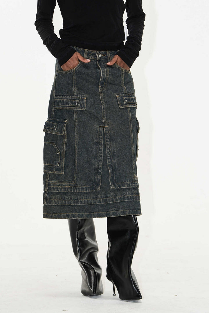 Metal Patch Distressed Denim Cargo Skirt