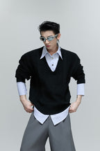 Layered V-Neck Cable Knit Sweater