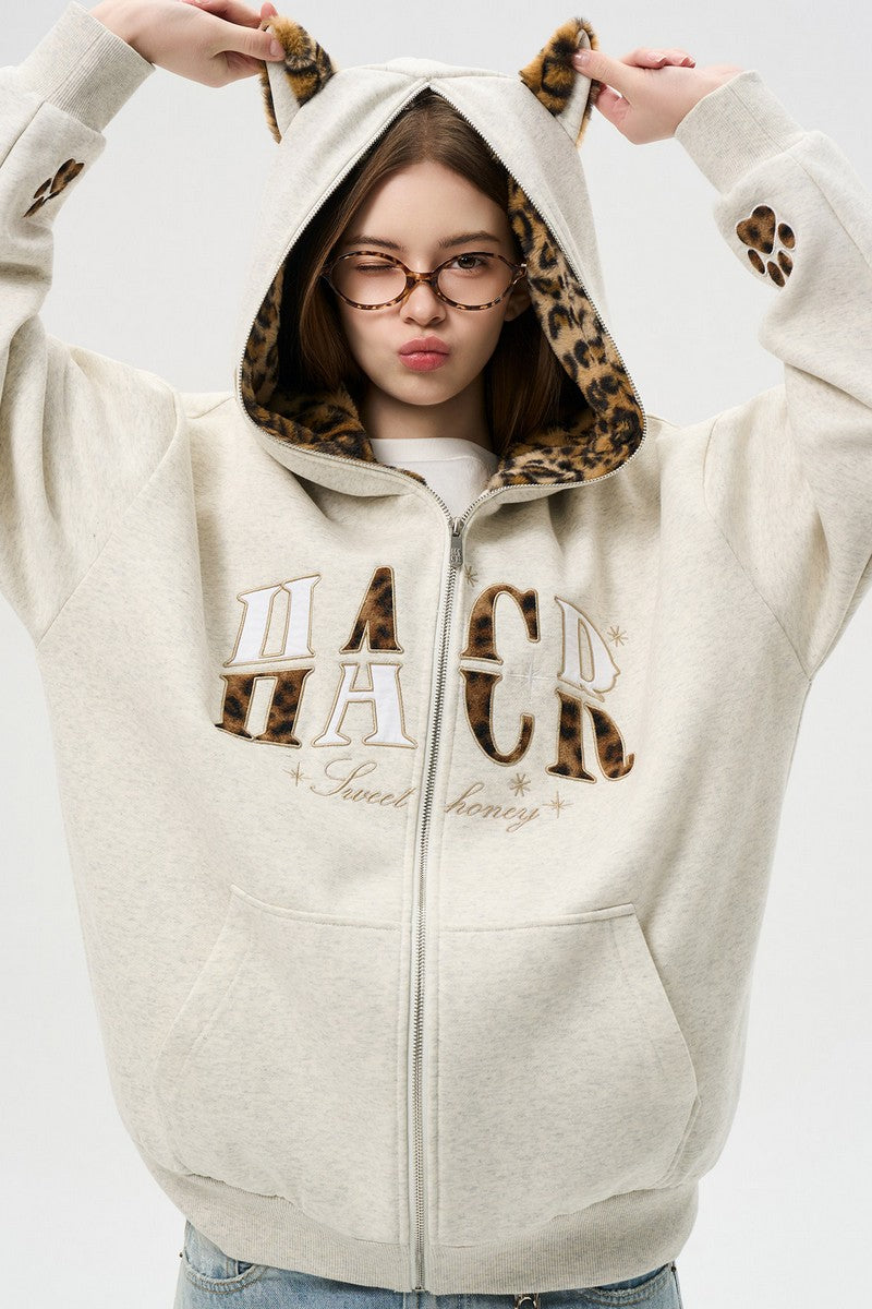 Leopard Cat Ear Zip Hoodie
