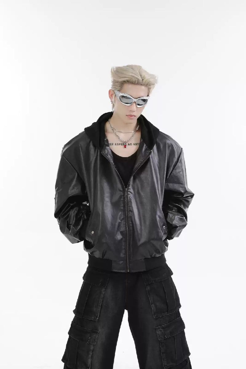 PU Leather Hooded Jacket