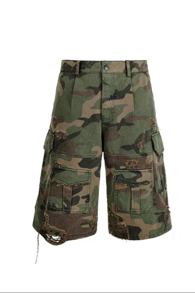 Distressed Camo Cargo Shorts